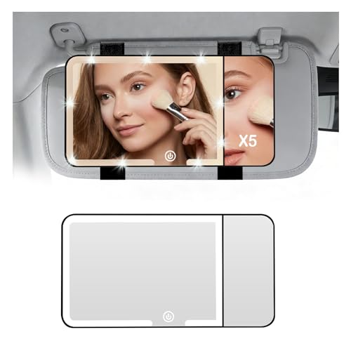 2026 New HD Car Mirror Vanity with Light,Adjustable Car Visor Mirror with 3 Color Modes & 5X Magnification,Rechargeable Touch Control LED Cars Makeup Mirrors for Women (Black) - color: Black