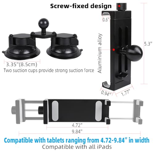 Aluminum Tablet Holder with Dual Suction Cup Base for Car/Boat Windshield, Tablet Stand Fits iPad Air 13" M2 (2024), iPad Pro 12.9" and other 4.7-15" Tablets, Mount on Window Bathroom Mirror - size: Metal Clip with Dual Suction Cup
