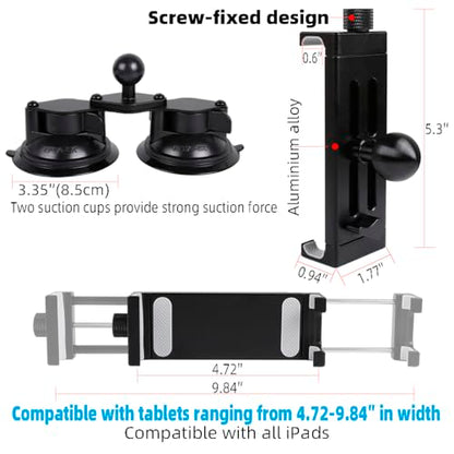 Aluminum Tablet Holder with Dual Suction Cup Base for Car/Boat Windshield, Tablet Stand Fits iPad Air 13" M2 (2024), iPad Pro 12.9" and other 4.7-15" Tablets, Mount on Window Bathroom Mirror - size: Metal Clip with Dual Suction Cup