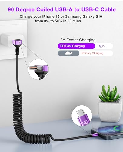 90 Degree USB A to USB C Cable 6FT Coiled USB-C Fast 3A Charging Cable - color: Purple, size: 6FT
