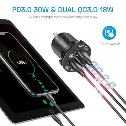 12V USB Charger Panel with PD 30W Ports& Dual QC3.0 18W: 4 in 1 Aluminum Waterproof RV USB Outlet, 150W Cigarette Lighter Socket, LED Voltmeter, Rocker Switch for Boat, Camper, Truck, Accessories