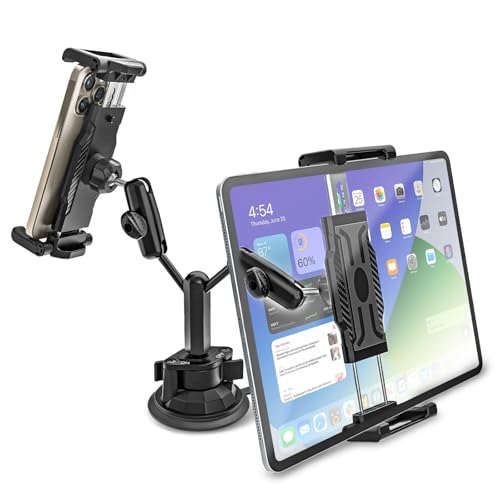 Heavy Duty Dual Tablet Holder for Car/Truck [Metal Arm] Dashboard Windshield Double Mount for Vehicle Dash Suction Stand for iPad Pro/Air/iPhone, 5.5-15.6" Tablets Phone