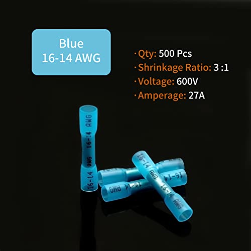 16-14 AWG Heat Shrink Butt Connectors - 500Pcs Blue Insulated Waterproof Electrical Marine Automotive Wire Splice Connector Crimp Wiring Terminals - size: AWG 16-14 [500PCS]