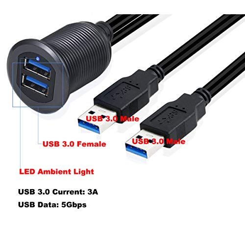 3.3ft Dual Ports USB 3.0 Flush Mount Cable, USB 2 Ports Male to 2 Ports Female Extender Dashboard Panel Mount Extension Cord for Car Truck Boat Motorcycle, Gray Metal Shell, LED Light