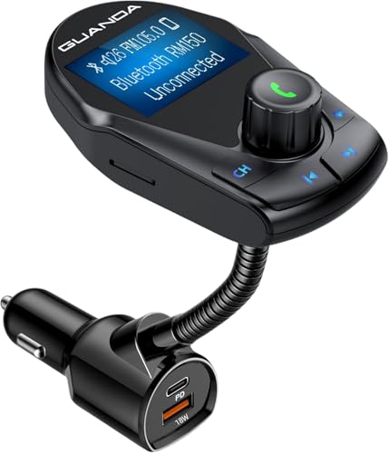 Bluetooth FM Transmitter for Car, 1.44" Display, 18W Fast Charge, PD Charge - color: Fast Charge 18W + 1.44" PD Black
