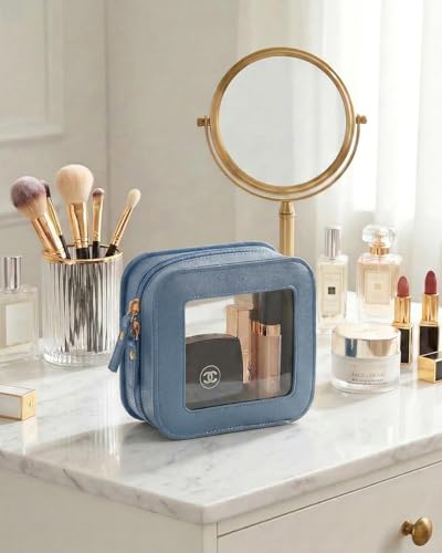 LETGO Clear Makeup Bag Small, Mini Travel Toiletry Bag Cosmetic Bags Organizer, TSA Approved Makeup Case Pouch with Zipper, Car Essentials for Women Men (Square, Blue) - color: Blue, style: Square