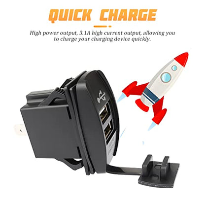 Dual USB Car Charger Rocker Style Switch, Waterproof 12-24V 3.1A 2 USB Ports, Power Charge Socket with LED Light, Vehicle Outlet Replacement for Marine, Boat, Truck, Golf Cart, RV (Blue) - color: Blue