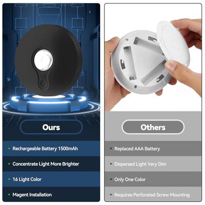 Rechargeable Puck Lights with Remote, 3 Pack Magnetic Under Cabinet Lighting, 1500mAh Battery Operated LED Tap Lights with Dimmer & Timmer for Kitchen, Closet, Shelf - 3 Color Temps & 12 RGB, Black - color: Black