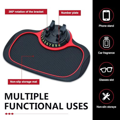 Car Anti-slip Mat Phone Holder, Multi-functional Center Console Storage Mat with Temporary Parking Numbers, 360 Degrees Rotatable Phone Holder, for Phones, Sunglasses, Keys (Black & Red)