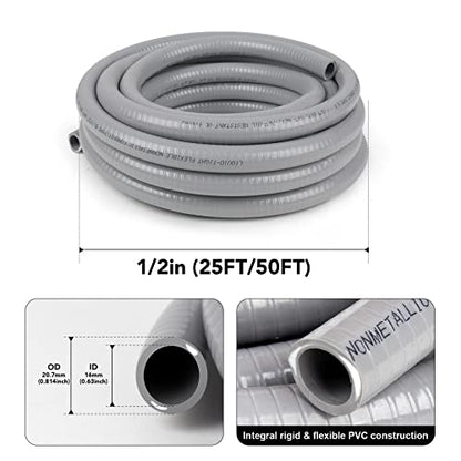 1/2inch 50ft Liquid-Tight Conduit and Connector Kit,Flexible Non Metallic Liquid Tight Electrical Conduit Kit with 5 Straight and 3 90-Degree Connector Fittings,Actual OD Approx. 0.83" - size: 1/2inch 50ft