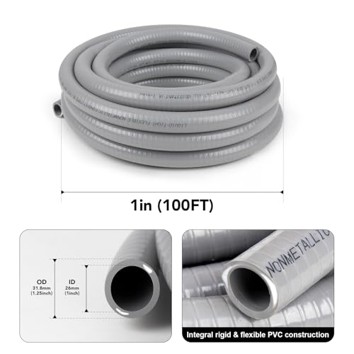 1 inch 100ft Liquid-Tight Conduit and Connector Kit,Flexible Non-Metallic Liquid Tight Electrical Conduit Kit with 5 Straight and 3 90-Degree Connector Fittings,OD 1.28 Inch - size: 1inch 100ft