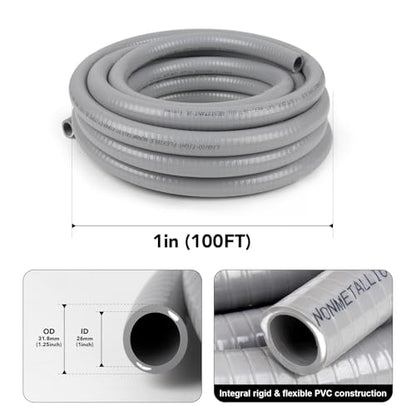 1 inch 100ft Liquid-Tight Conduit and Connector Kit,Flexible Non-Metallic Liquid Tight Electrical Conduit Kit with 5 Straight and 3 90-Degree Connector Fittings,OD 1.28 Inch - size: 1inch 100ft