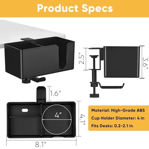 4-in-1 Clip On Desk Cup Holder, Fits up to 40oz cups - Mountable Holder with Adjustable Divider & 360° Rotating Hook - No Spill Clamp On Drink Holder Attachment - for Desk Chair Table Bed Tray - Black - color: Black - 4" W Dual Cup