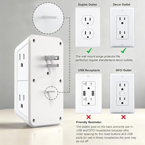 Wall Outlet Extender with Night Light, Power Plug Adapter 6 Outlet Extender with 4 USB Charging Ports 1050J Power Strip Multi Plug Adapter Spaced for Home Travel Office (2U2C)-ETL - color: White-1Pcs