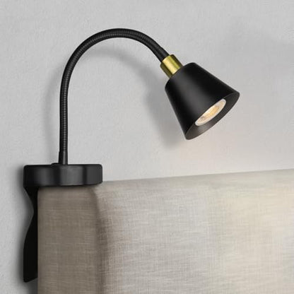 Solfres Patented Innovative Design Headboard Reading Light. No Drilling Golden Book Light for Bedtime Reading. Dimmable LED Book Reading Lamp with Bulb. Movable & Flexible, Black and Golden - color: Black and Golden, size: M