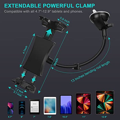 Car Dashboard Windshield Tablet Mount, 13" Long Arm Gooseneck, 360° Flexible Window Suction Cup Holder for Truck SUV, for iPad Pro 12.9/11/10.5/9.7/Air/Mini 6 5 4, Galaxy, 4.7"-12.9" Tab&Phone