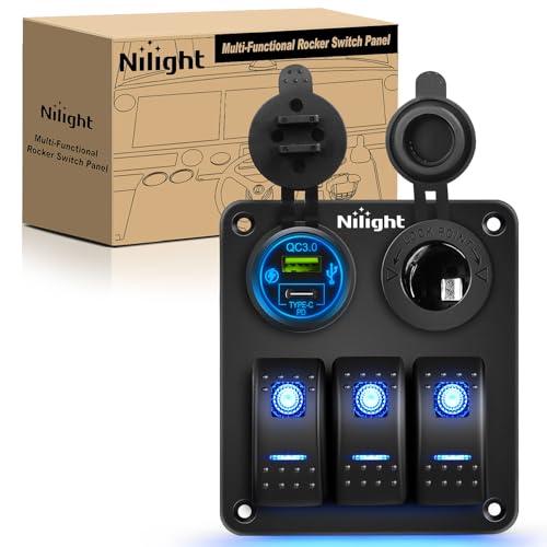 Nilight 3 Gang Multi Function Rocker Switch Panel Pre-Wired - color: Blue, size: 3+2 Gang Type C +USB