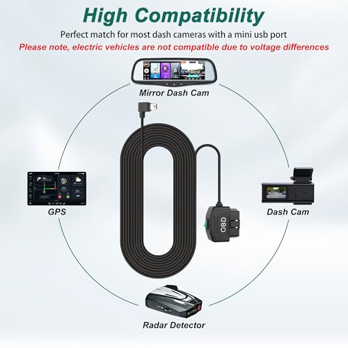 MEIRIYFA OBD OBD2 Power Cable for Dash Camera OBD to Mini USB Right Angle Hardwire Charger 90° Degree Wire Cord,12V-24V to 5V 3A 24 Hours Surveillance/Acc Mode with Switch Button (Mini USB) - style: Mini USB