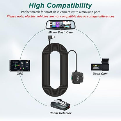 MEIRIYFA OBD OBD2 Power Cable for Dash Camera OBD to Mini USB Right Angle Hardwire Charger 90° Degree Wire Cord,12V-24V to 5V 3A 24 Hours Surveillance/Acc Mode with Switch Button (Mini USB) - style: Mini USB