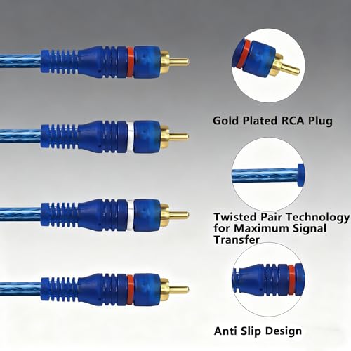 MAYWILLA RCA Car Audio Y Splitter Cable 2 Channel to 4 Channel RCA Car Audio Interconnect Cable 2 Male to 4 Male Gold Plated Twisted Pair Adapter Cord OFC Full Shielded with Noise Reduction (5M)