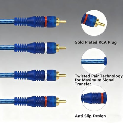 MAYWILLA RCA Car Audio Y Splitter Cable 2 Channel to 4 Channel RCA Car Audio Interconnect Cable 2 Male to 4 Male Gold Plated Twisted Pair Adapter Cord OFC Full Shielded with Noise Reduction (5M)