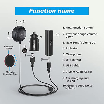Smof Aux Bluetooth Adapter for Car, BT5.2 Audio Receiver, Hands-Free Calls - size: With Charger