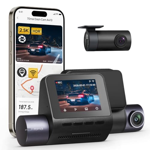 70mai Dash Cam Front and Rear - 2.5K+1080P Dual Dash Camera with HDR, Super Night Vision, F1.55 Aperture, 24H Parking Mode, Built-in Wi-Fi & GPS, G-Sensor, Loop Recording (A410)