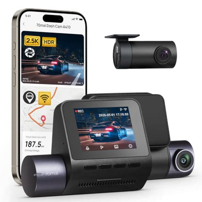 70mai Dash Cam Front and Rear - 2.5K+1080P Dual Dash Camera with HDR, Super Night Vision, F1.55 Aperture, 24H Parking Mode, Built-in Wi-Fi & GPS, G-Sensor, Loop Recording (A410)