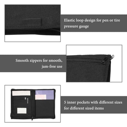 Car Registration and Insurance Holder, Glove Box Compartment Document Holder Owner Manual Case, Soft Zippered Pouch Multi-Pocket Glove Bag for Auto Insurance License Cards - color: Black