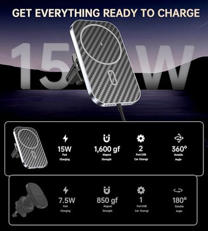 Mukiya for MagSafe Car Mount Charger with Adapter, 360° Rotation Magnetic Wireless iPhone Car Charger for Air Vent, Compatible with iPhone 17/16/15/14/13/12 Series (Carbon Black) - color: Carbon Black