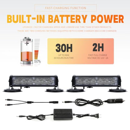 Amber Magnetic Wireless Flashing Strobe Light for Vehicles Trucks Car, Battery Operated Rechargeable LED Safety Beacon Lights, Mini Portable Emergency Warning Light Bar (2-Pcs, 2×8in) - color: 2pcs Amber/Amber