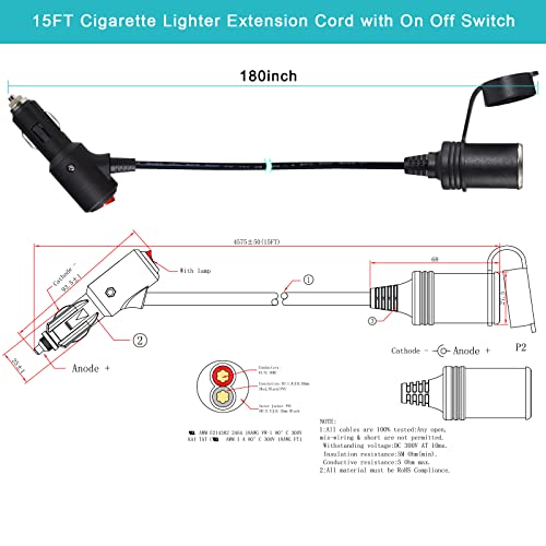 15FT Cigarette Lighter Extension Cord with On Off Switch - Car Cigarette Lighter Male Plug to Female Socket 18AWG Heavy Duty Extension Cable with Switch, Built-in 15A Fuse for Air Compressor Pump