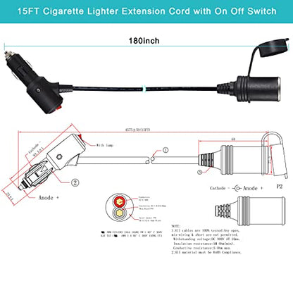 15FT Cigarette Lighter Extension Cord with On Off Switch - Car Cigarette Lighter Male Plug to Female Socket 18AWG Heavy Duty Extension Cable with Switch, Built-in 15A Fuse for Air Compressor Pump
