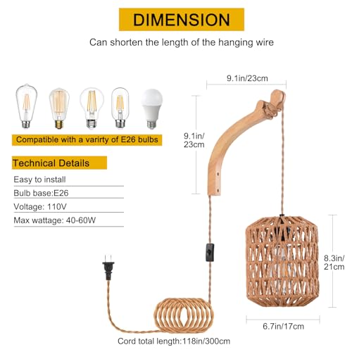 Plug in Wall Sconce,Farmhouse Wicker Wall Lamp Plug in,Hand Woven Rattan Wall Light Farmhouse Rustic Boho Sconces Wall Lighting for Living Room Bedroom - color: Rattan, size: 1 Pack