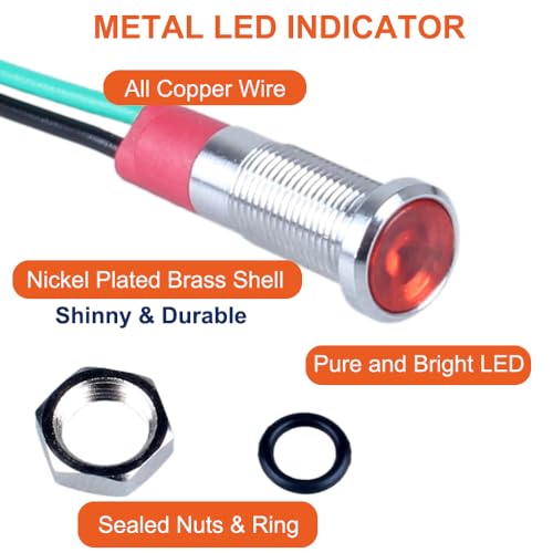 10Pcs AC 110V-220V LED Indicator Light 6mm Waterproof Metal Wide Flat Head Signal Lamp Pilot Dash Directional with Wire (White Red Yellow Blue Green)*2 - color: Mix, size: 6mm / 110V-220V