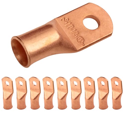SELTERM 10pcs 1/0 AWG, 1/4" Stud Heavy Duty Bare Copper Battery Wire Lugs - color: Bare Copper Lugs, size: 1/0 Awg - 1/4" (M6) Ring