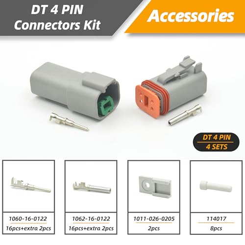 4 Sets 4 Pin DT Waterproof Connector Kit, Deutsch Automotive Electrical Butt, IP67 Waterproof Electrical Connectors Plug with 18 Pairs 16# Stamped Contacts for Car Truck Boat (4PIN 4SET) - size: 4PIN 4SET