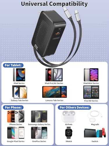 4 in 1 Retractable Phone Charger Wall Plug,45W Fast USBC Charging Adapter with 3.3FT Retractable USB C Cables,Foldable Charger Block with USB C and USB A Ports for iPhone 17/16/15/14,iPad,Galaxy,Pixel