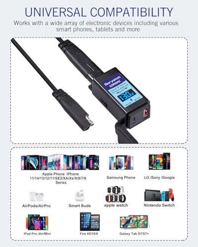 Garystat Motorcycle USB-C Charger, SAE to USB Adapter, 27W Dual Port USB Fast Charger with Voltmeter/Ammeter & ON/Off Switch, Perfect for Charging Phone, Tablet, GPS etc