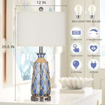 Ruzectt 25.5" Coastal Glass Table Lamps Set of 2, 3-Way Dimmable Touch Control Bedside Lamps with 2 USB Ports and AC Outlet, Blue Nautical Nightstand Lamps for Bedroom Living Room (LED Bulbs Included) - color: Blue