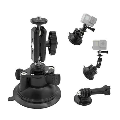 Double Layer Suction Cup Mount with Double Ball Head Magic Arm, 1/4" Screw 360° Rotating Camera Mount Compatible with GoPro Hero, Insta360 X3, DJI Osmo, Action Camera, Phones for Car Windshield