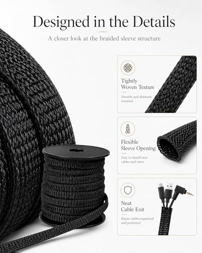 100 Feet - 3/8 Inch Braided Wire Loom PET Cable Loom Expandable Braided Sleeving Wire Sleeve for Automotive，TV, Computer, Home Theater, Black - size: 3/8'' - 100ft