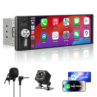 Single Din Radio Car Stereo with CarPlay & Android Auto, 6.28 Inch HD Touch CarPlay Screen, Backup Cam,Bluetooth, MP5,USB Type-C, SWC, EQ, FM Radio with External Mic