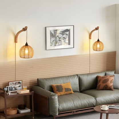 Plug in Wall Sconce,Farmhouse Wicker Wall Lamp Plug in,Hand Woven Rattan Wall Light Farmhouse Rustic Boho Sconces Wall Lighting for Living Room Bedroom - color: Rattan, size: 1 Pack 7.87IN