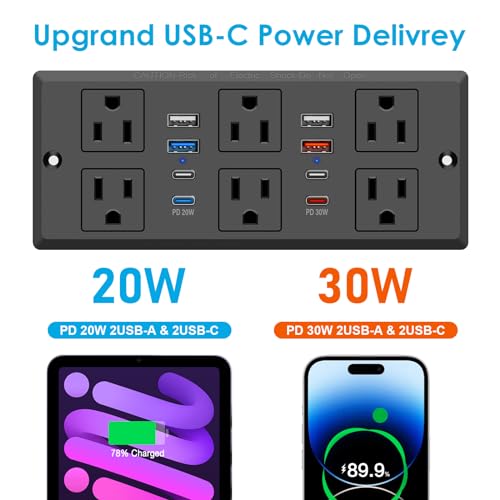 Recessed Power Strip with PD 30W Fast Charging - size: 6 FT