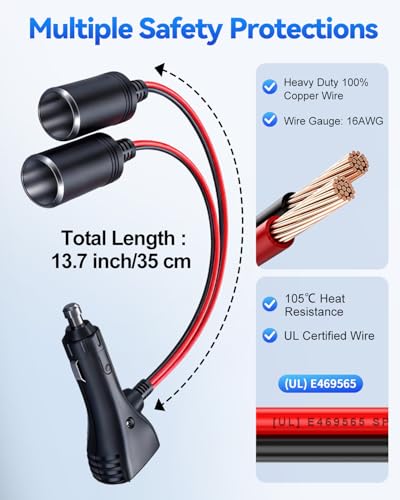 Cigarette Lighter Splitter, 12V Car Cigarette Lighter Splitter, 1 to 2 Double Cigarette Lighter Adapter 2 Way Socket with Dual Independent ON/OFF Switches, 16AWG Dual 12V Car Adapter with 10A Fuse