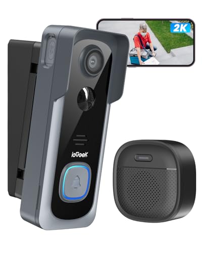 ieGeek Wireless Doorbell Camera No Subscription with Adjustable Angle Mount, 2K Smart Video Doorbell with Indoor Chime, Motion Detection, Real-time Alert, 2-Way Talk Voice Changer, Only 2.4GHz WiFi