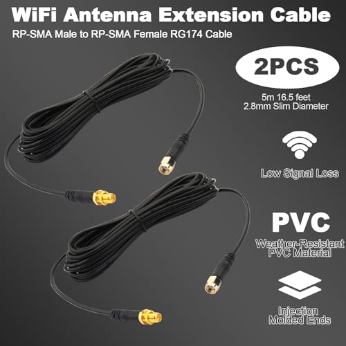 WiFi Antenna Extension Cable 2-Pack RP-SMA Male to RP-SMA Female Upgraded Heavy-Duty Molded Connectors Bulkhead Mount RG174 Cable 5m 16.5 feet for WiFi Router Security IP Camera Card Adapter - size: 16.5 feet / 5m