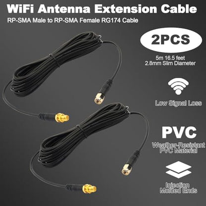 WiFi Antenna Extension Cable 2-Pack RP-SMA Male to RP-SMA Female Upgraded Heavy-Duty Molded Connectors Bulkhead Mount RG174 Cable 5m 16.5 feet for WiFi Router Security IP Camera Card Adapter - size: 16.5 feet / 5m