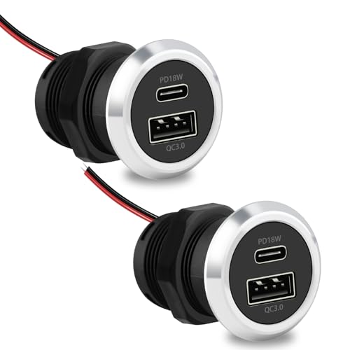RV USB Outlet 12V Wall Mount, Dual USB Quick Charge 3.0 Port & PD USB C Charger, 12V/24V Automotive Outlet Socket Adapter for RV Marine Boat Bus ATV Motorcycle Truck(Round,2 Pack)